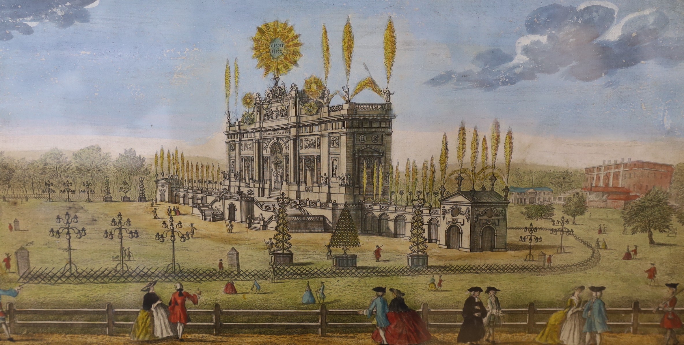 18th century English School, two coloured engravings, 'Premiere of Handels' Royal Fireworks' and 'Ranelagh Gardens', 23 x 38cm